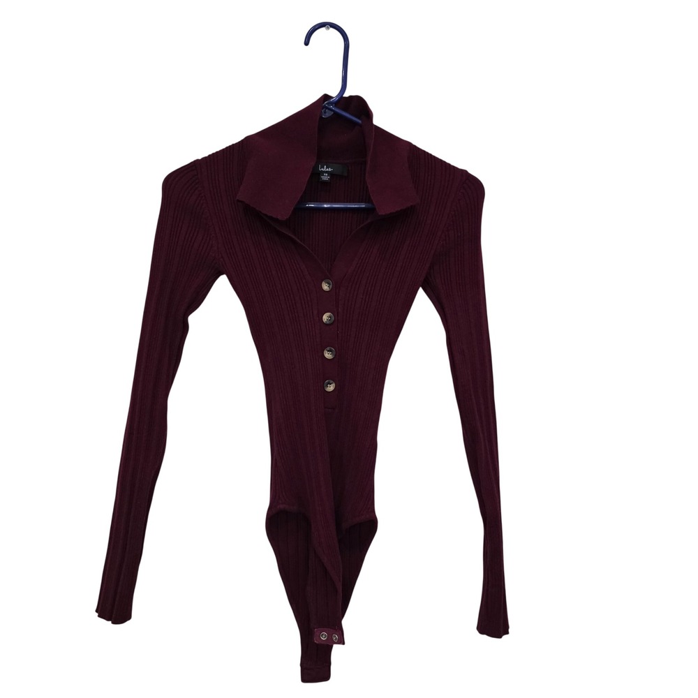 Lulus Ribbed Knit Bodysuit XS Burgundy Long Sleeve Button Front Collared Top